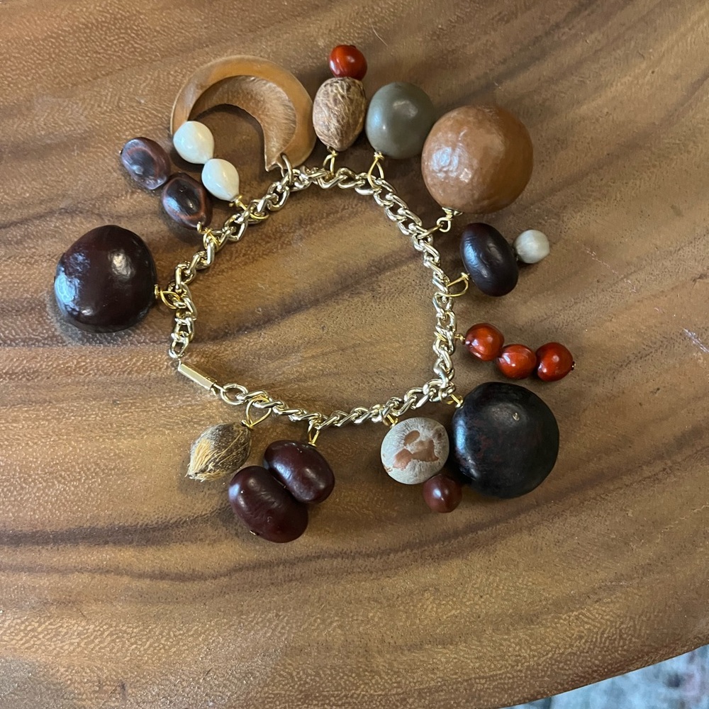 Vintage Seed & nut Beaded Bracelet with Gold tone chain